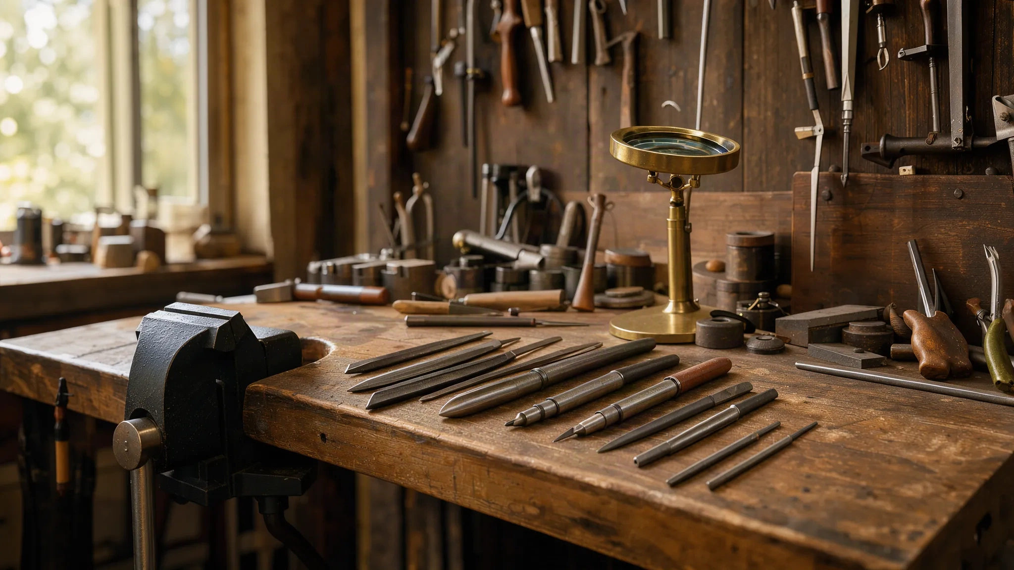 Établi de graveur dans l'atelier, avec outils de gravure posés sur le bois