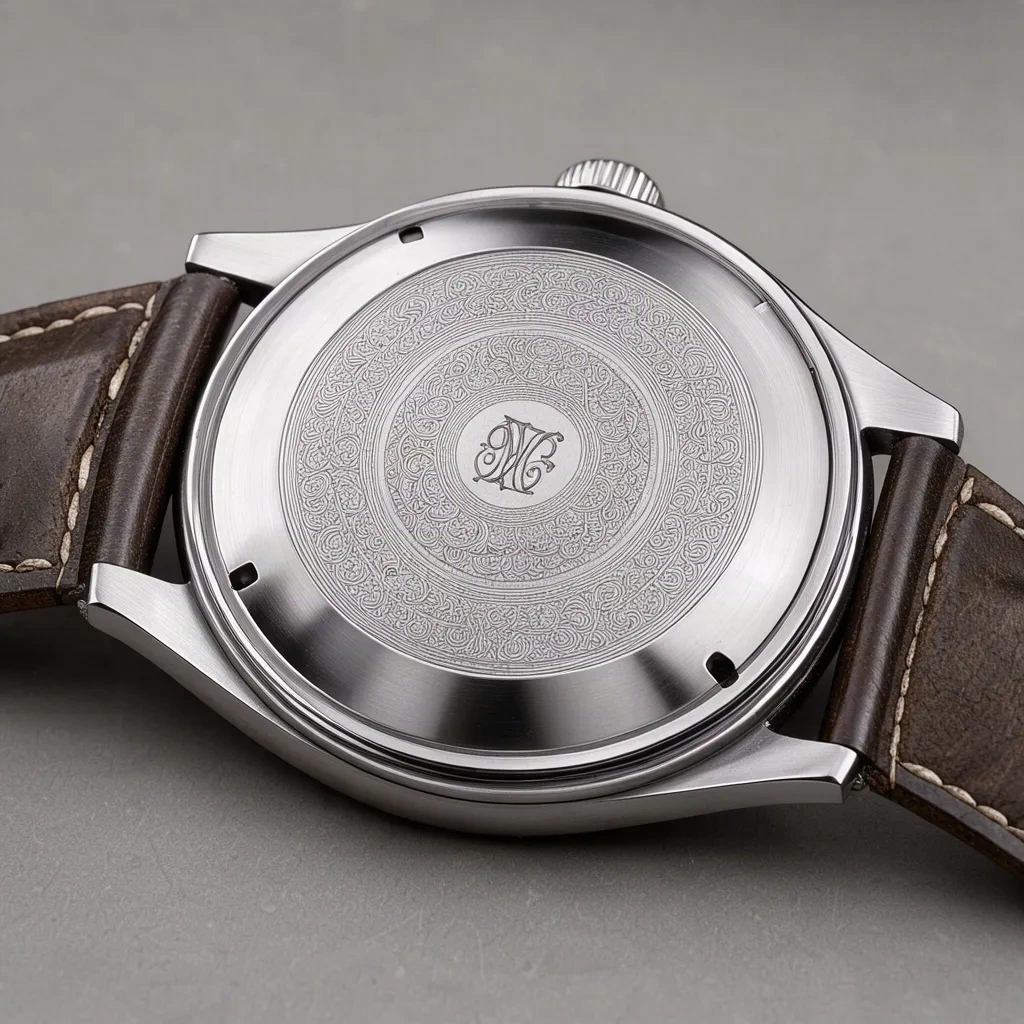 Fond de boîtier de montre en acier gravé d'un monogramme