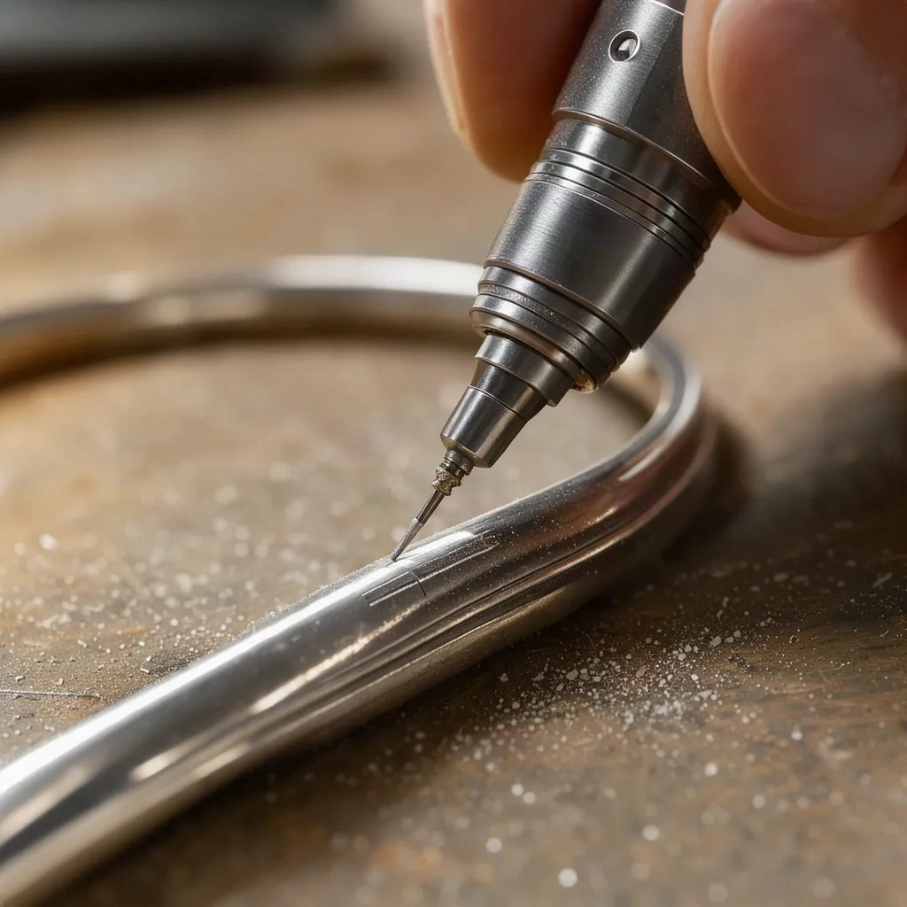 Pointe diamant de machine à graver traçant une ligne fine sur un bracelet en argent