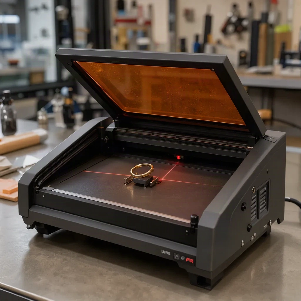 Machine de gravure laser avec une bague dorée placée à l'intérieur